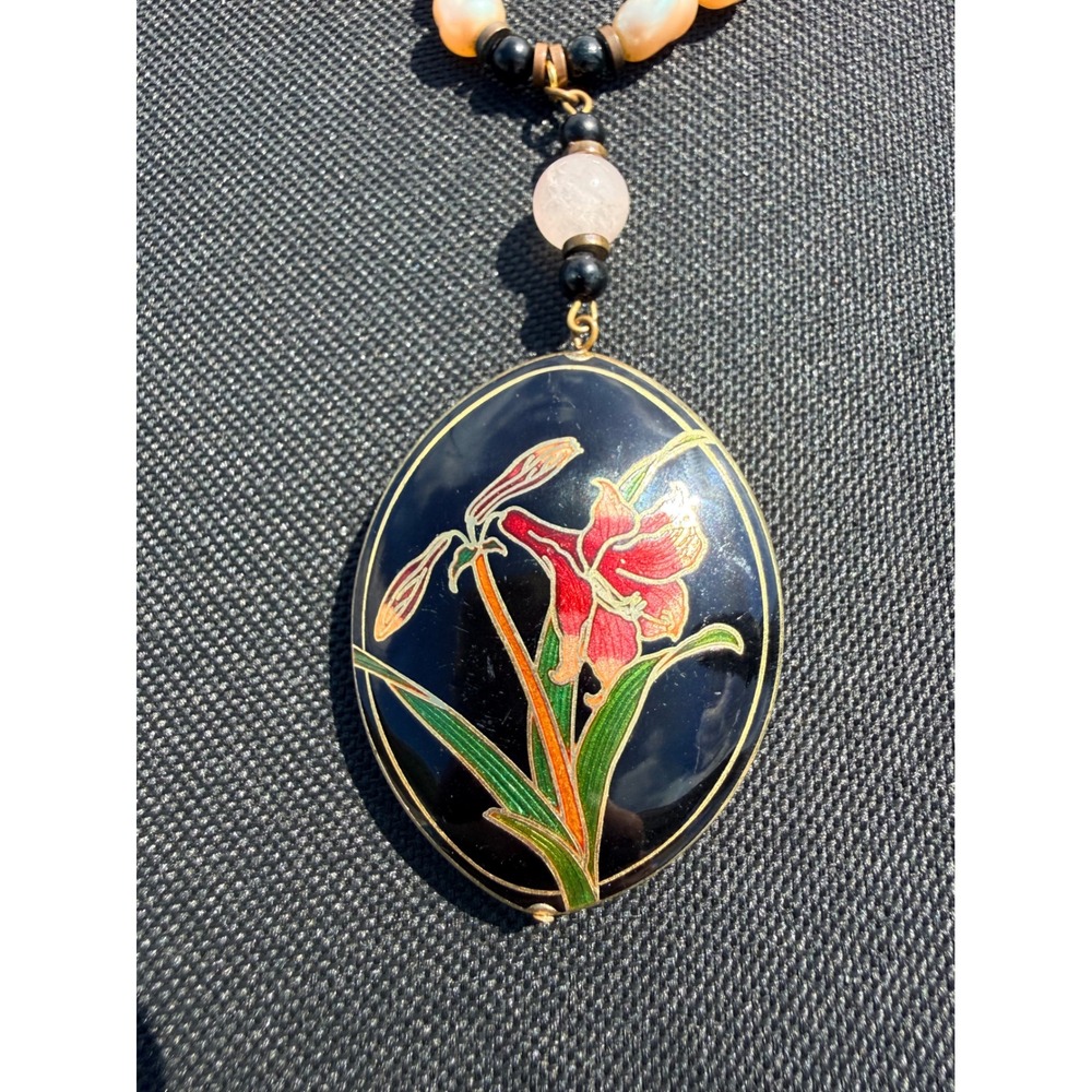 Vintage Necklace Pearl Rose Quartz Cloisonne Flower Pendant Womens Pink Cream - Picture 6 of 12